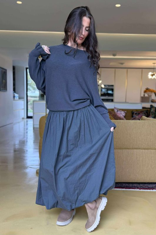 Paloma Bubble Hem Midi Skirt Charcoal